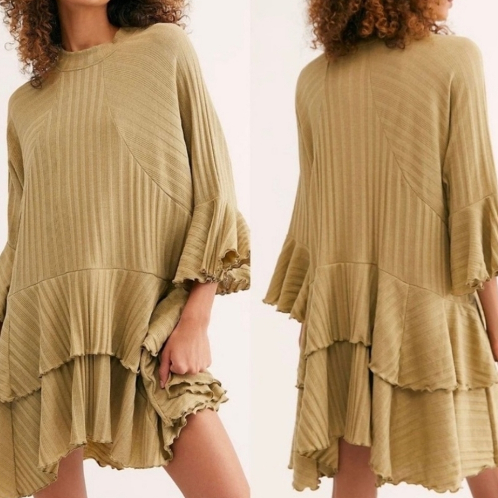 Free People Olive Asymmetrical Ruffled Tiered Dress